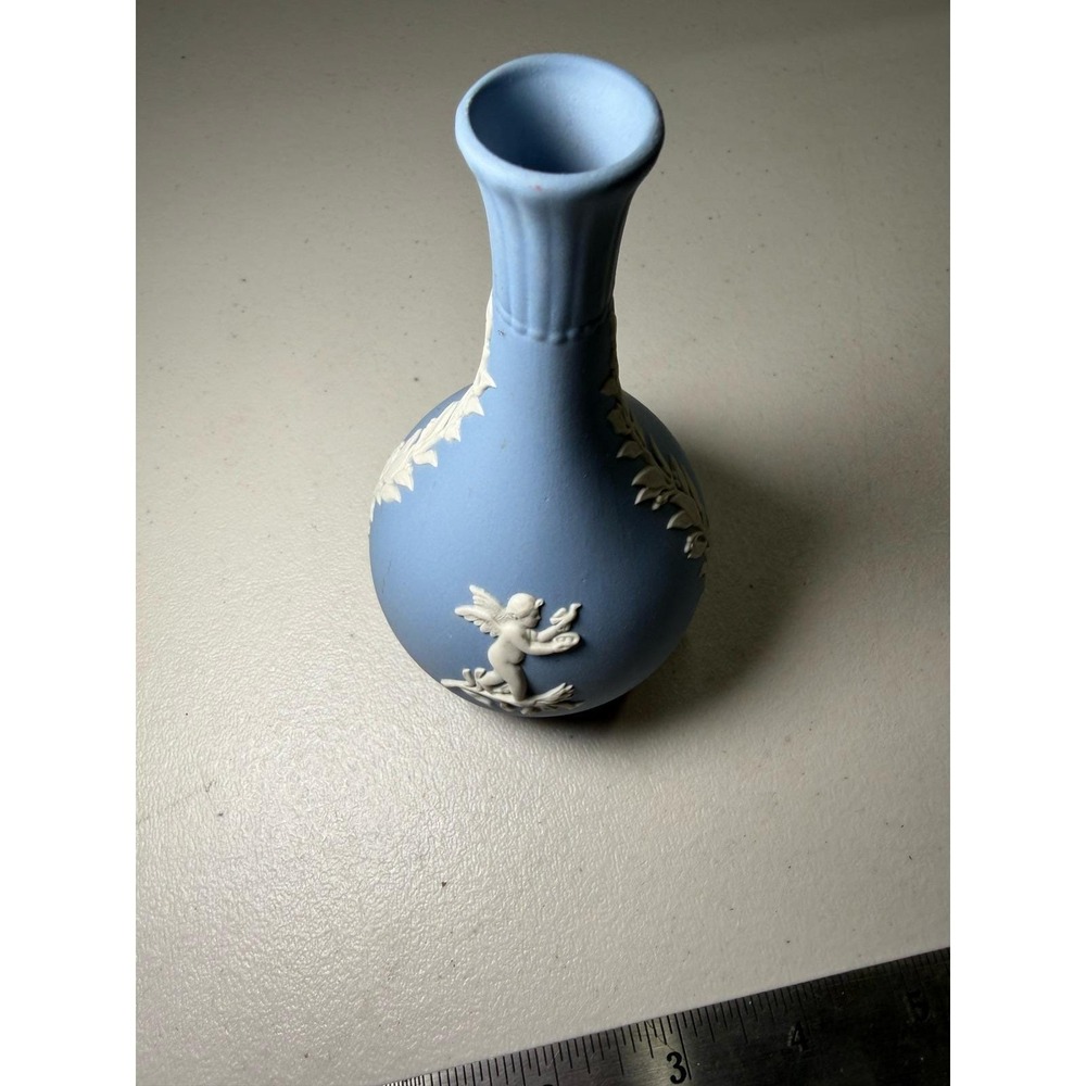 Wedgwood Blue Jasperware Bud Vase Cherub Neoclassical White Relief 5 Inch